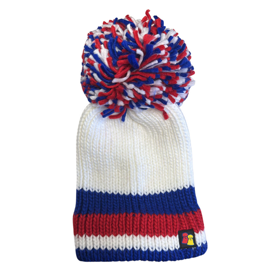 White, Blue and Red Big Bobble Hat