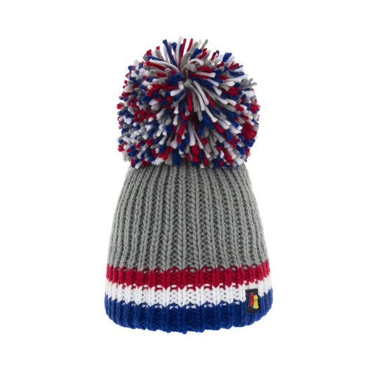 Grey, Blue, White and Red Big Bobble Hat